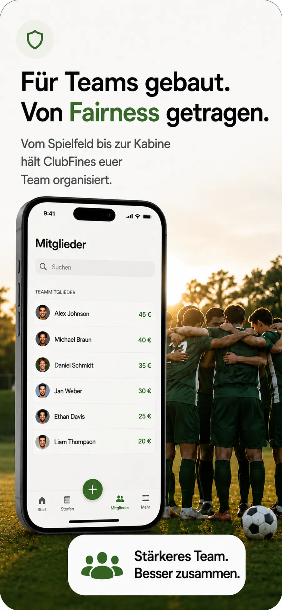 ClubFines-Teamübersicht mit Spielern und offenen Beträgen