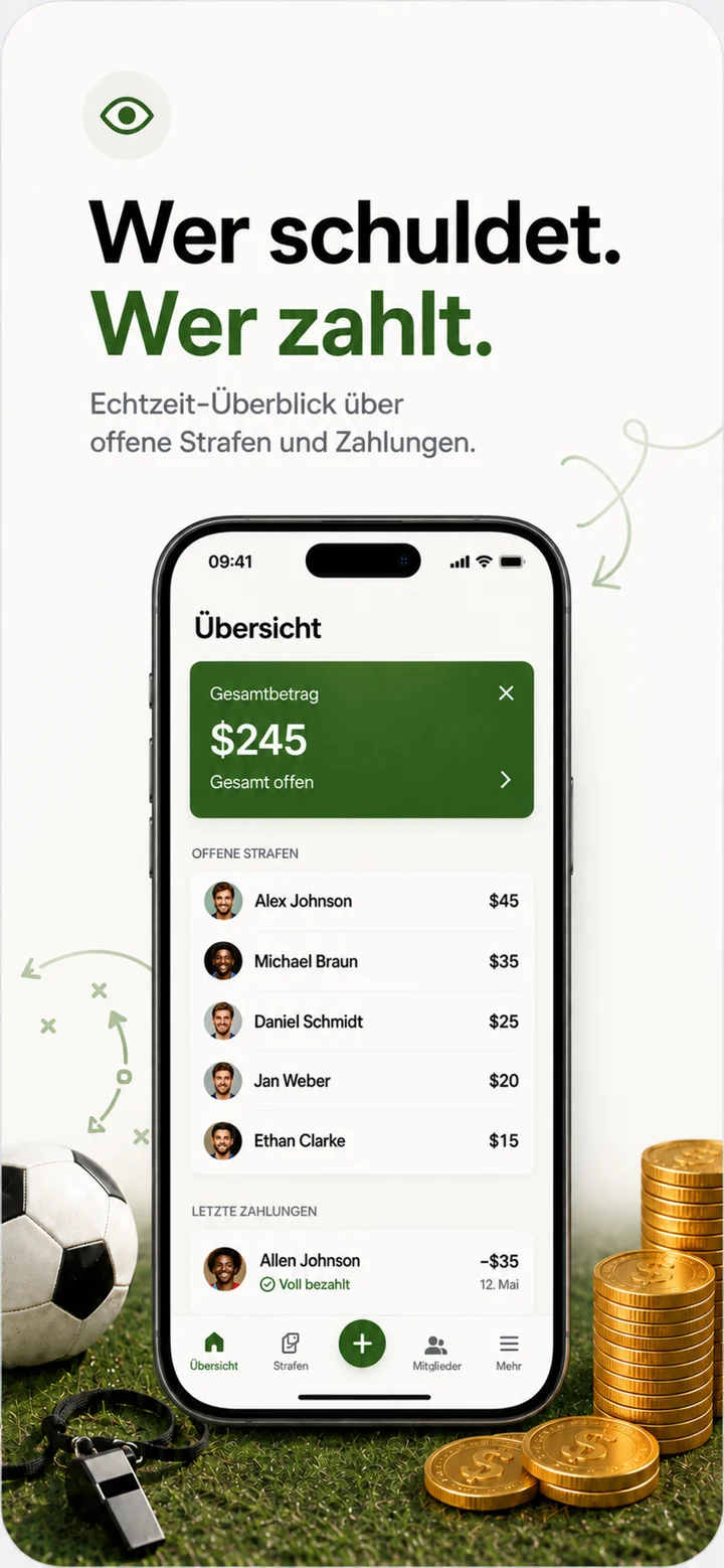 ClubFines-Zahlungsübersicht mit bezahlten und offenen Strafen pro Spieler