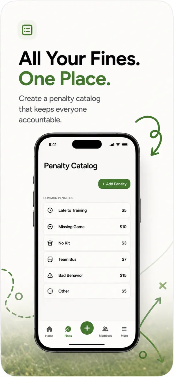 ClubFines visual showing the custom fine catalog