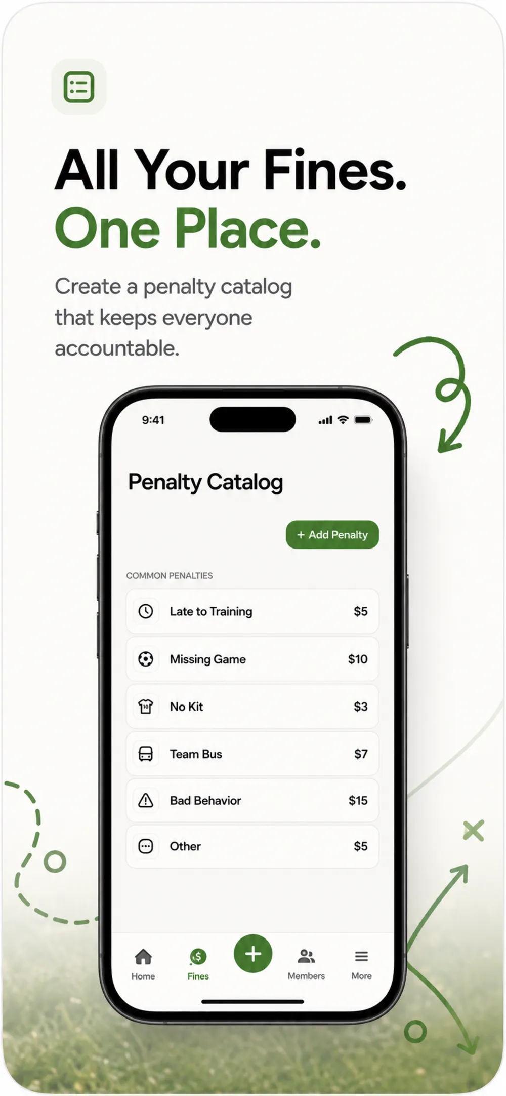 ClubFines fine catalog with categories and custom amounts