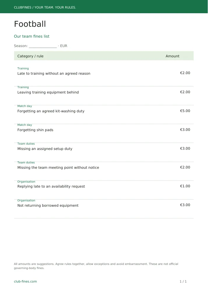 Preview of the downloadable football fines list PDF