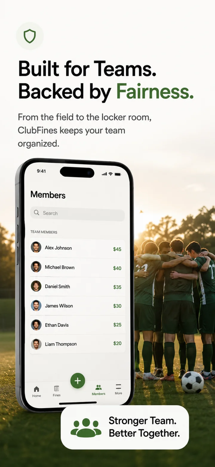 ClubFines app overview showing players, recent fines and unpaid amounts