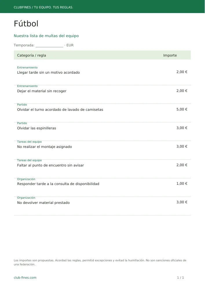 Vista previa de la lista de multas de fútbol descargable