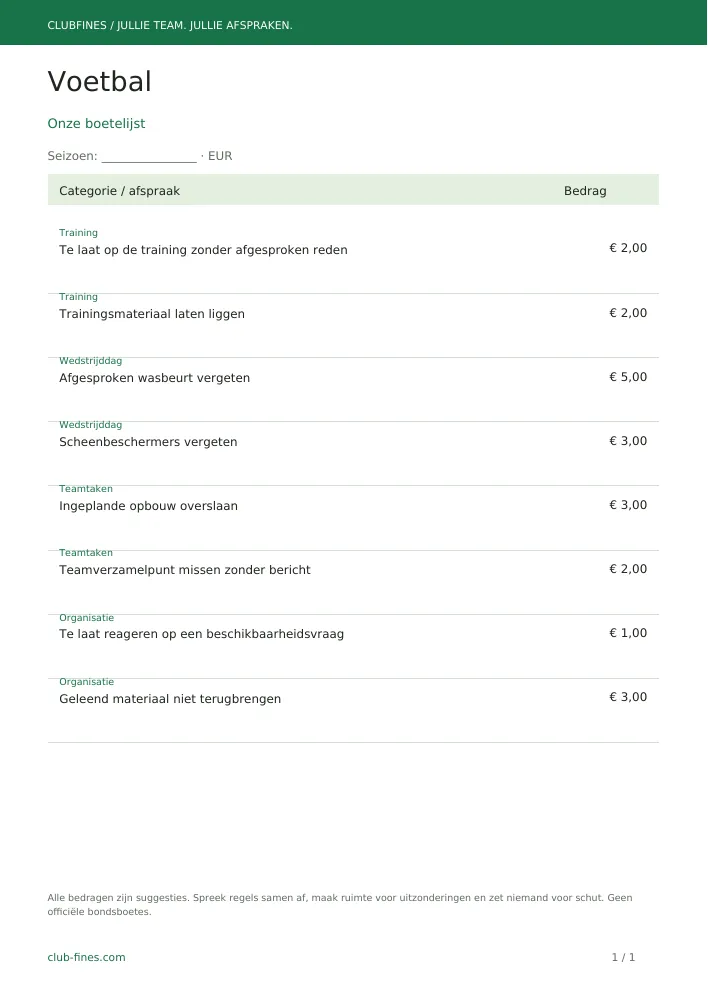 Voorbeeld van de downloadbare voetbalboetelijst als PDF